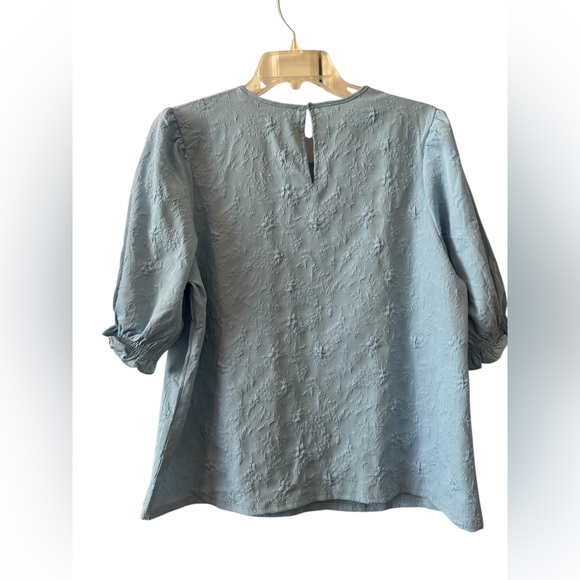 Ted Baker Sky Blue Jacquard Puff Sleeve Blouse |Minimalist Quiet Luxury - Picture 4 of 5